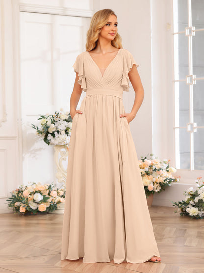 A-Line/Princess V-Neck Long Wedding Party Dresses with Split Side & Pockets