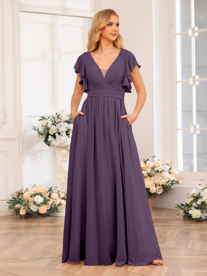 A-Line/Princess V-Neck Long Wedding Party Dresses with Split Side & Pockets