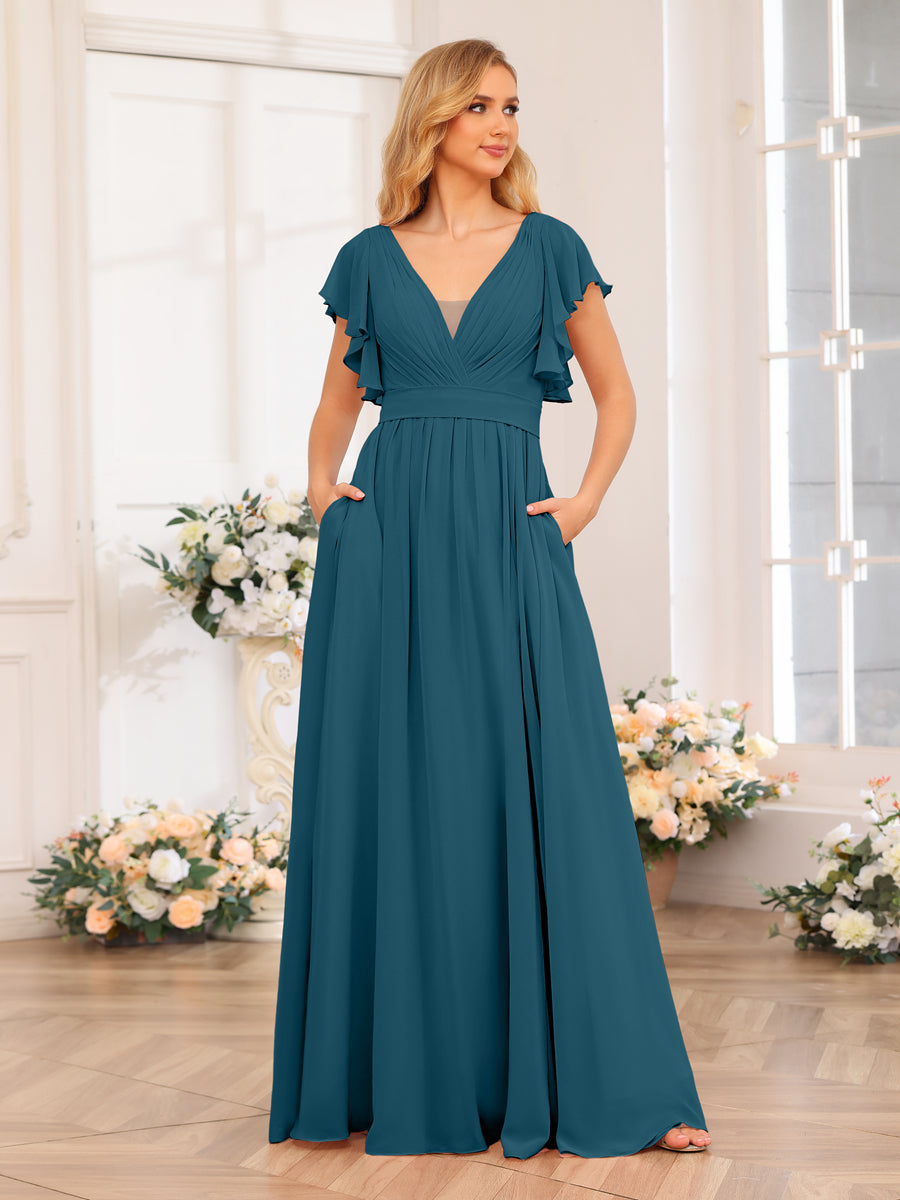 A-Line/Princess V-Neck Long Wedding Party Dresses with Split Side & Pockets