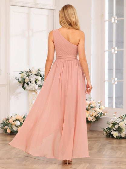 A-Line/Princess One-Shoulder Long Wedding Party Dresses with Sash