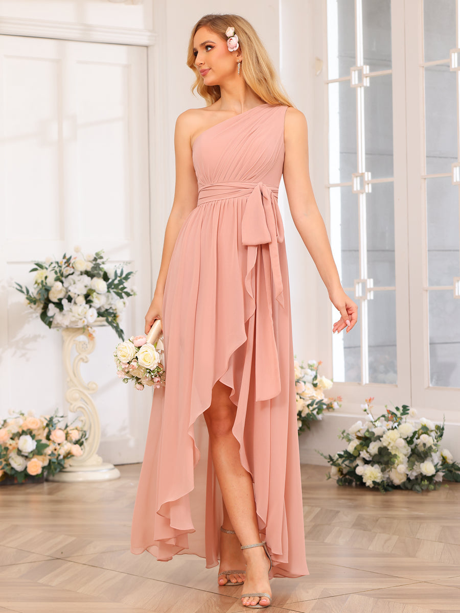 A-Line/Princess One-Shoulder Long Wedding Party Dresses with Sash