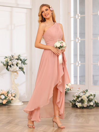 A-Line/Princess One-Shoulder Long Wedding Party Dresses with Sash