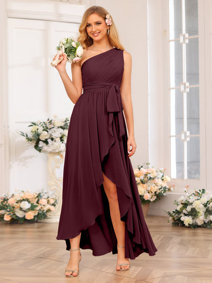 A-Line/Princess One-Shoulder Long Wedding Party Dresses with Sash