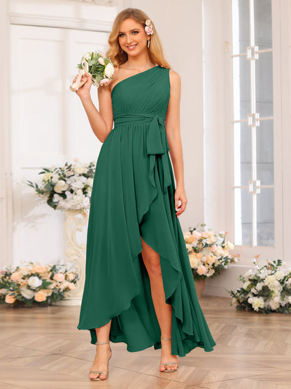 A-Line/Princess One-Shoulder Long Wedding Party Dresses with Sash