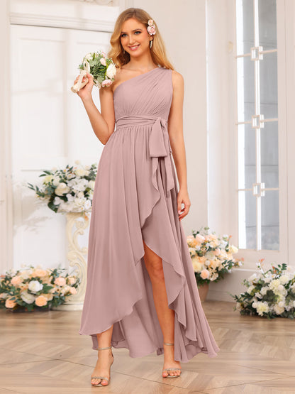 A-Line/Princess One-Shoulder Long Wedding Party Dresses with Sash