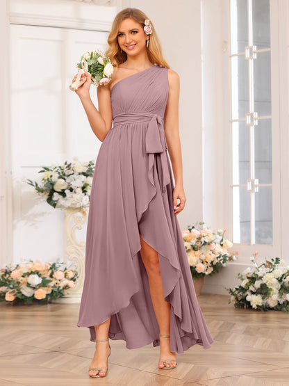 A-Line/Princess One-Shoulder Long Wedding Party Dresses with Sash