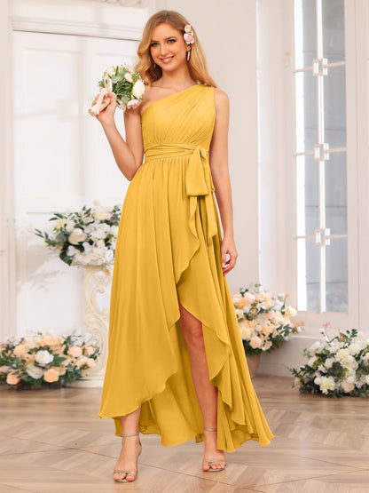 A-Line/Princess One-Shoulder Long Wedding Party Dresses with Sash