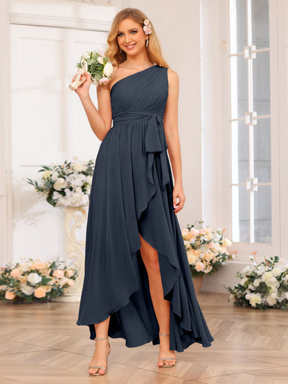 A-Line/Princess One-Shoulder Long Wedding Party Dresses with Sash