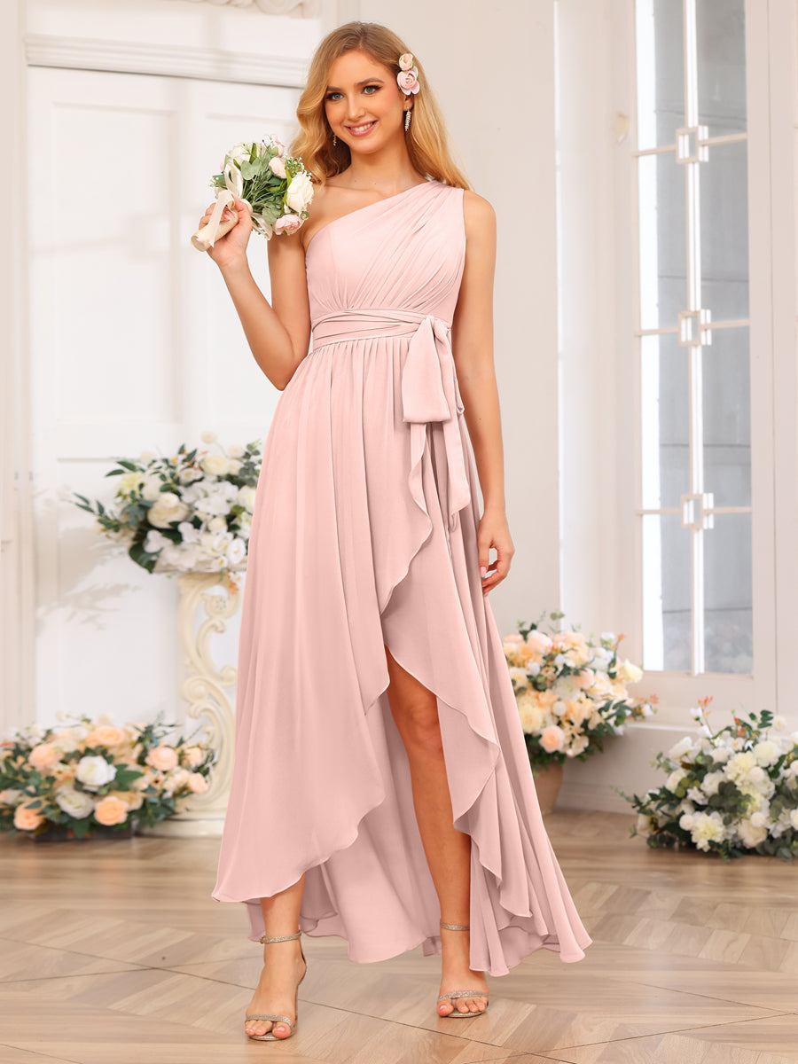 A-Line/Princess One-Shoulder Long Wedding Party Dresses with Sash