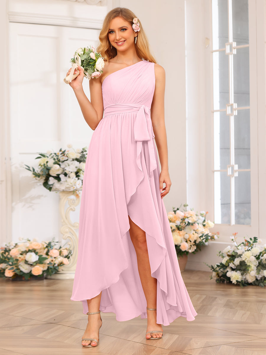 A-Line/Princess One-Shoulder Long Wedding Party Dresses with Sash