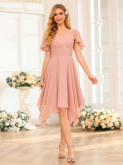 A-Line/Princess V-Neck Short Wedding Party Dresses with Ruffles