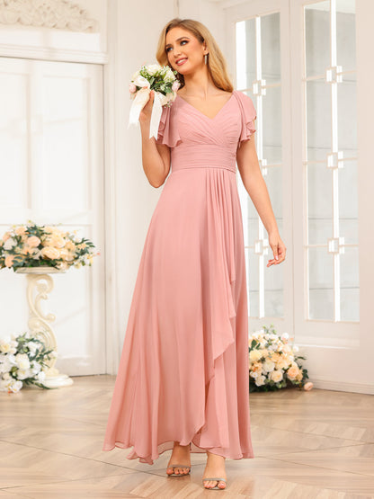 A-Line/Princess V-Neck Long Wedding Party Dresses with Ruffles