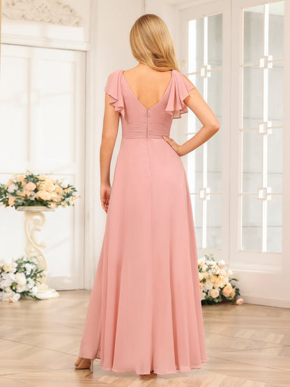 A-Line/Princess V-Neck Long Wedding Party Dresses with Ruffles