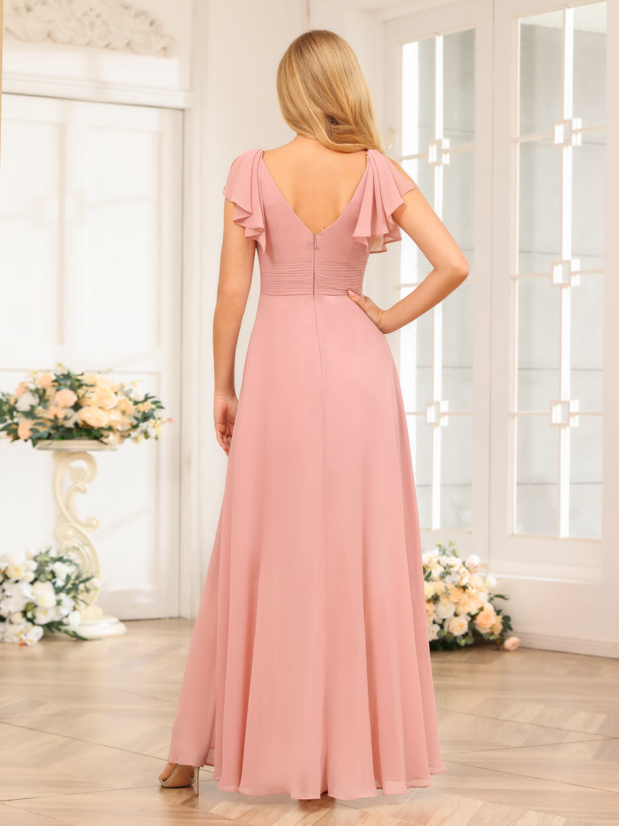 A-Line/Princess V-Neck Long Wedding Party Dresses with Ruffles