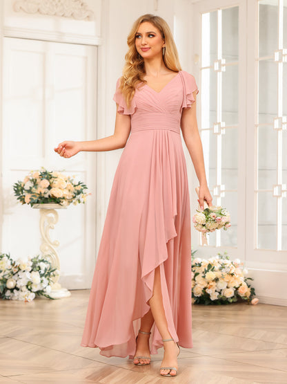 A-Line/Princess V-Neck Long Wedding Party Dresses with Ruffles