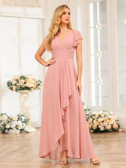 A-Line/Princess V-Neck Long Wedding Party Dresses with Ruffles