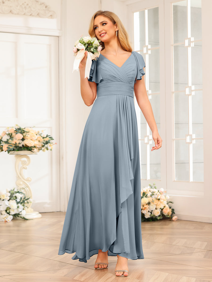 A-Line/Princess V-Neck Long Wedding Party Dresses with Ruffles