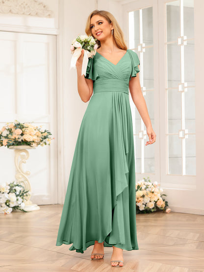 A-Line/Princess V-Neck Long Wedding Party Dresses with Ruffles