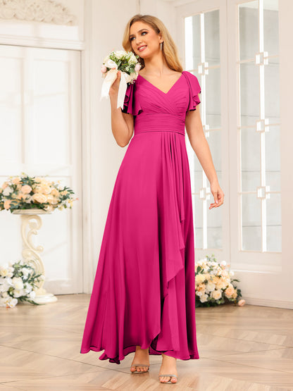 A-Line/Princess V-Neck Long Wedding Party Dresses with Ruffles