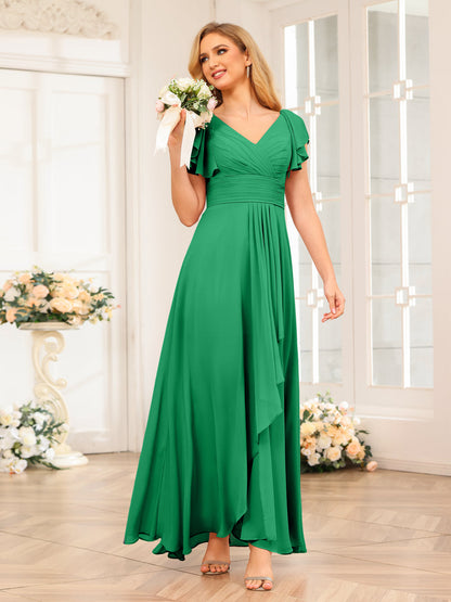 A-Line/Princess V-Neck Long Wedding Party Dresses with Ruffles