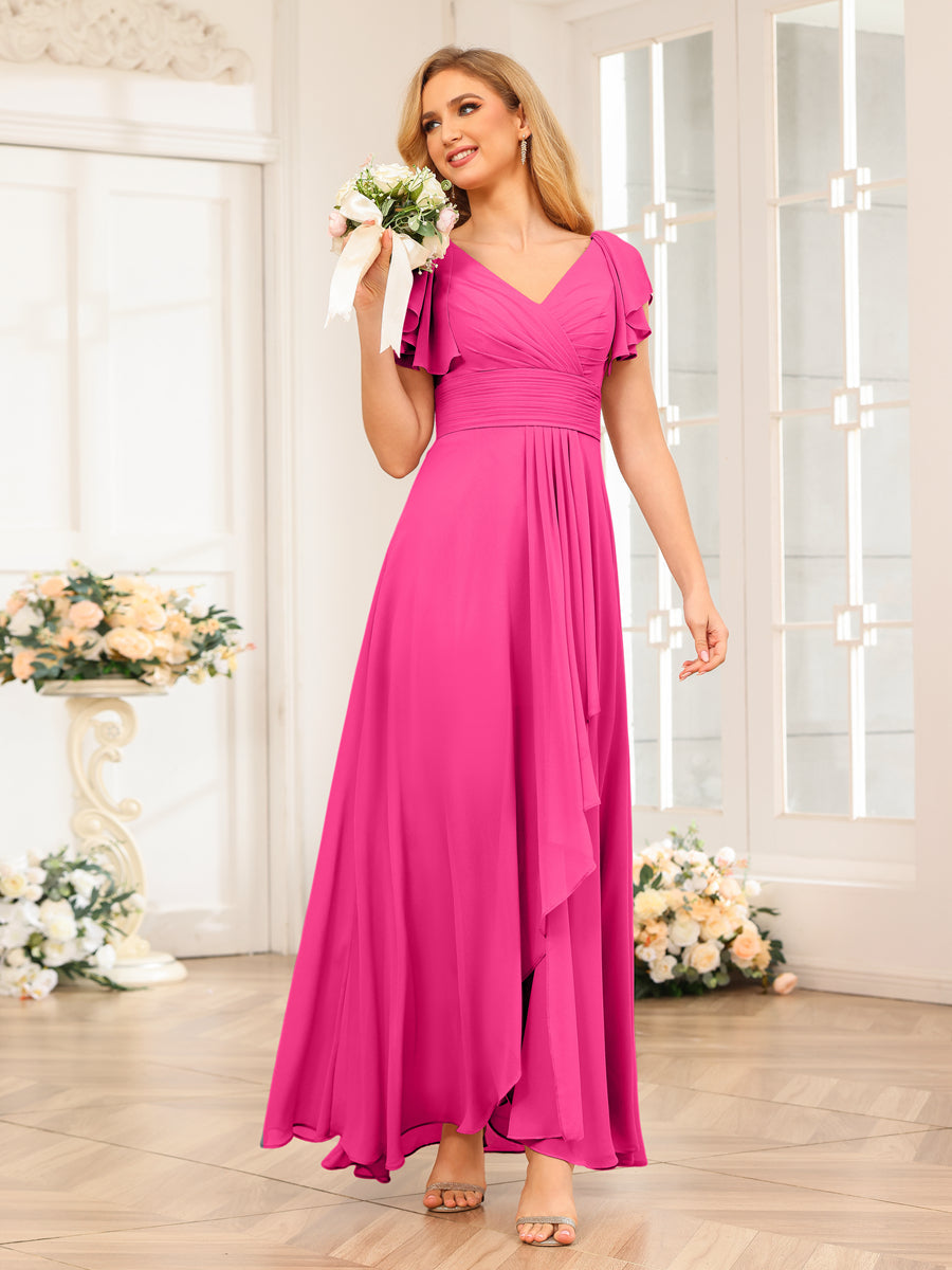 A-Line/Princess V-Neck Long Wedding Party Dresses with Ruffles