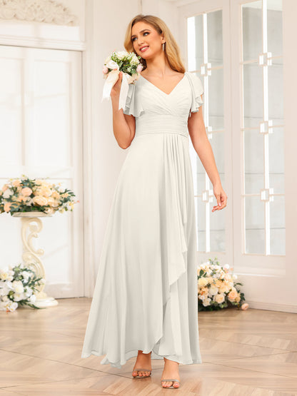 A-Line/Princess V-Neck Long Wedding Party Dresses with Ruffles