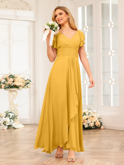 A-Line/Princess V-Neck Long Wedding Party Dresses with Ruffles