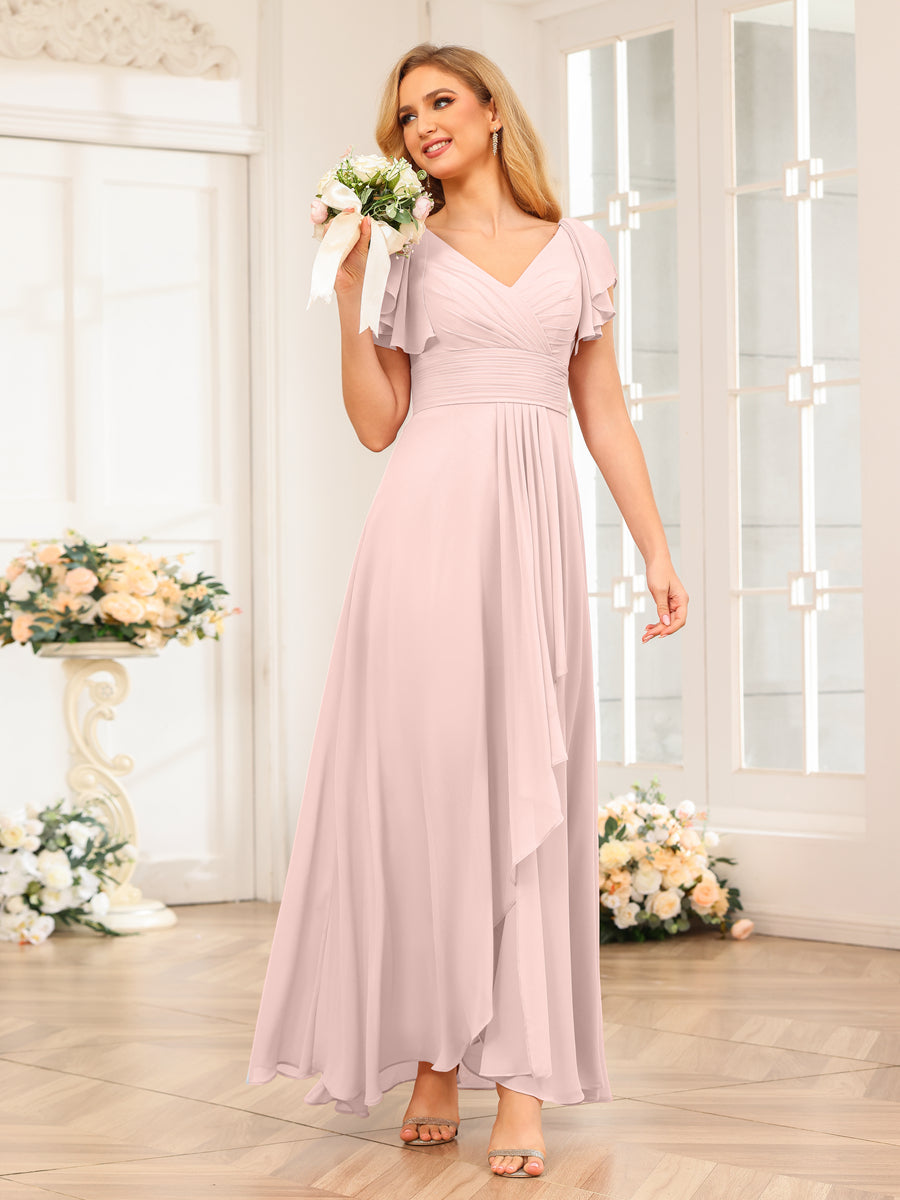 A-Line/Princess V-Neck Long Wedding Party Dresses with Ruffles