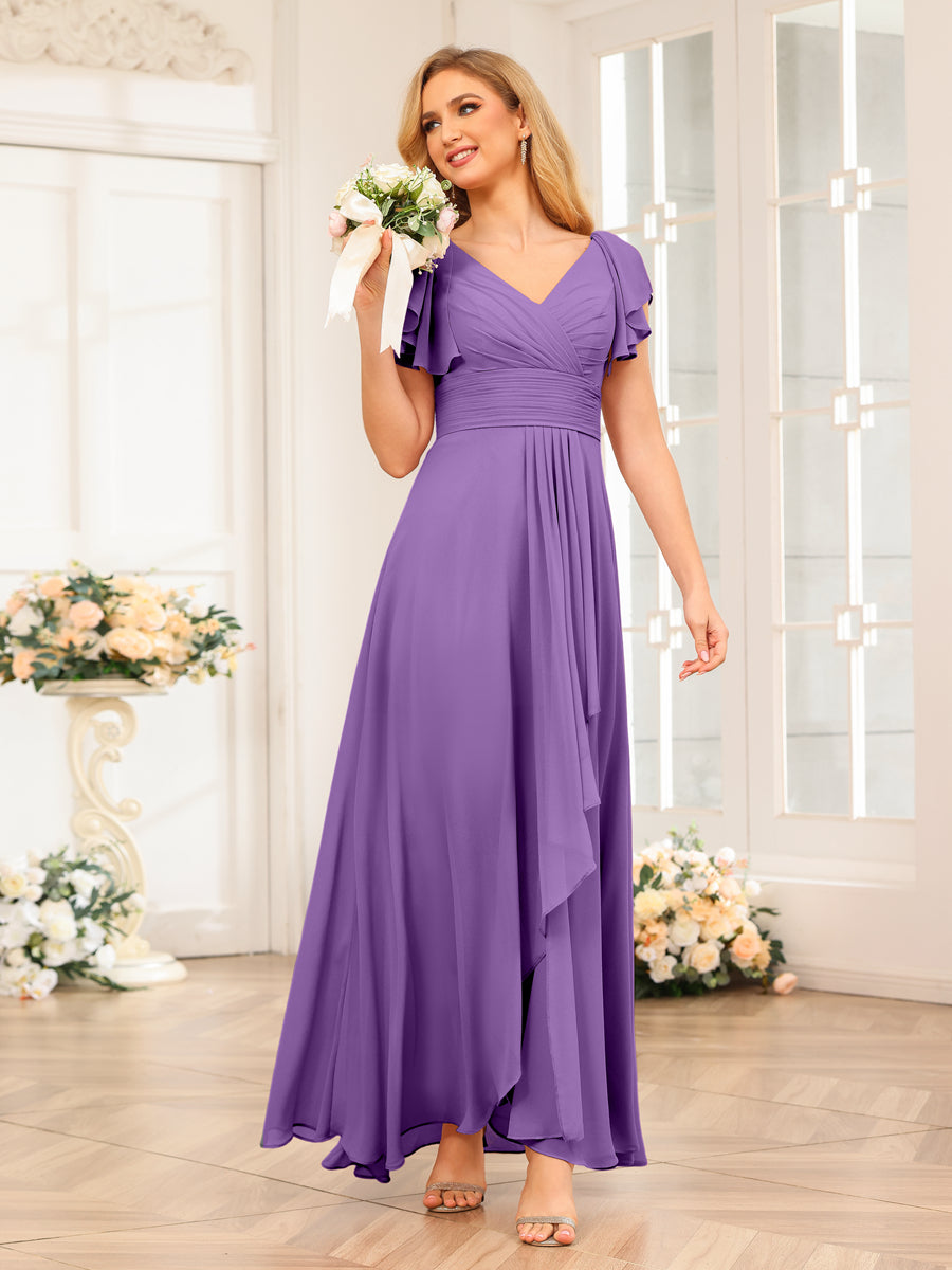 A-Line/Princess V-Neck Long Wedding Party Dresses with Ruffles