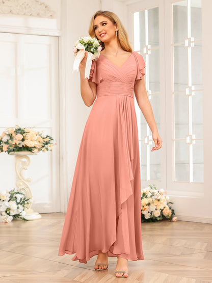 A-Line/Princess V-Neck Long Wedding Party Dresses with Ruffles