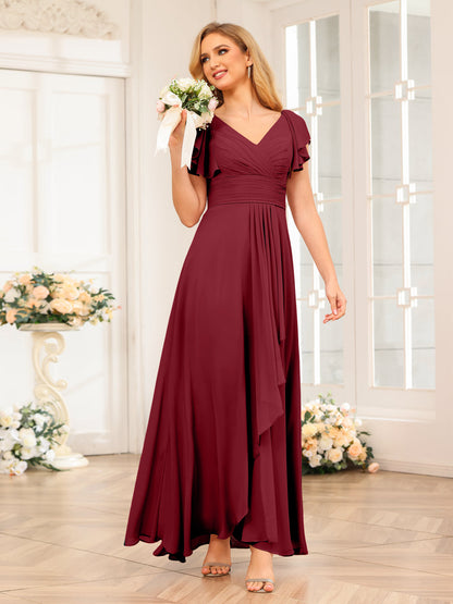 A-Line/Princess V-Neck Long Wedding Party Dresses with Ruffles