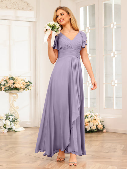 A-Line/Princess V-Neck Long Wedding Party Dresses with Ruffles