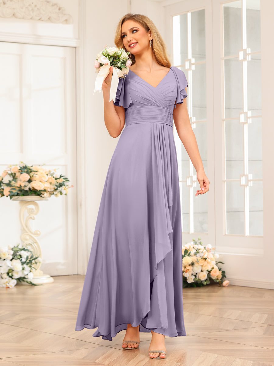 A-Line/Princess V-Neck Long Wedding Party Dresses with Ruffles