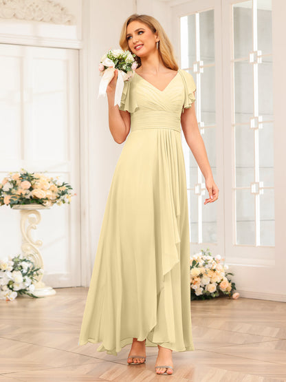 A-Line/Princess V-Neck Long Wedding Party Dresses with Ruffles