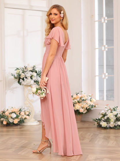 A-Line/Princess V-Neck Long Wedding Party Dresses with Ruffles