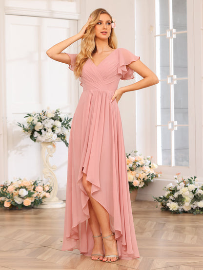 A-Line/Princess V-Neck Long Wedding Party Dresses with Ruffles