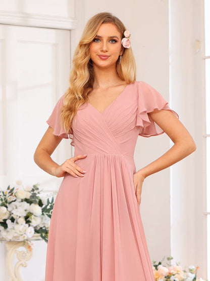 A-Line/Princess V-Neck Long Wedding Party Dresses with Ruffles