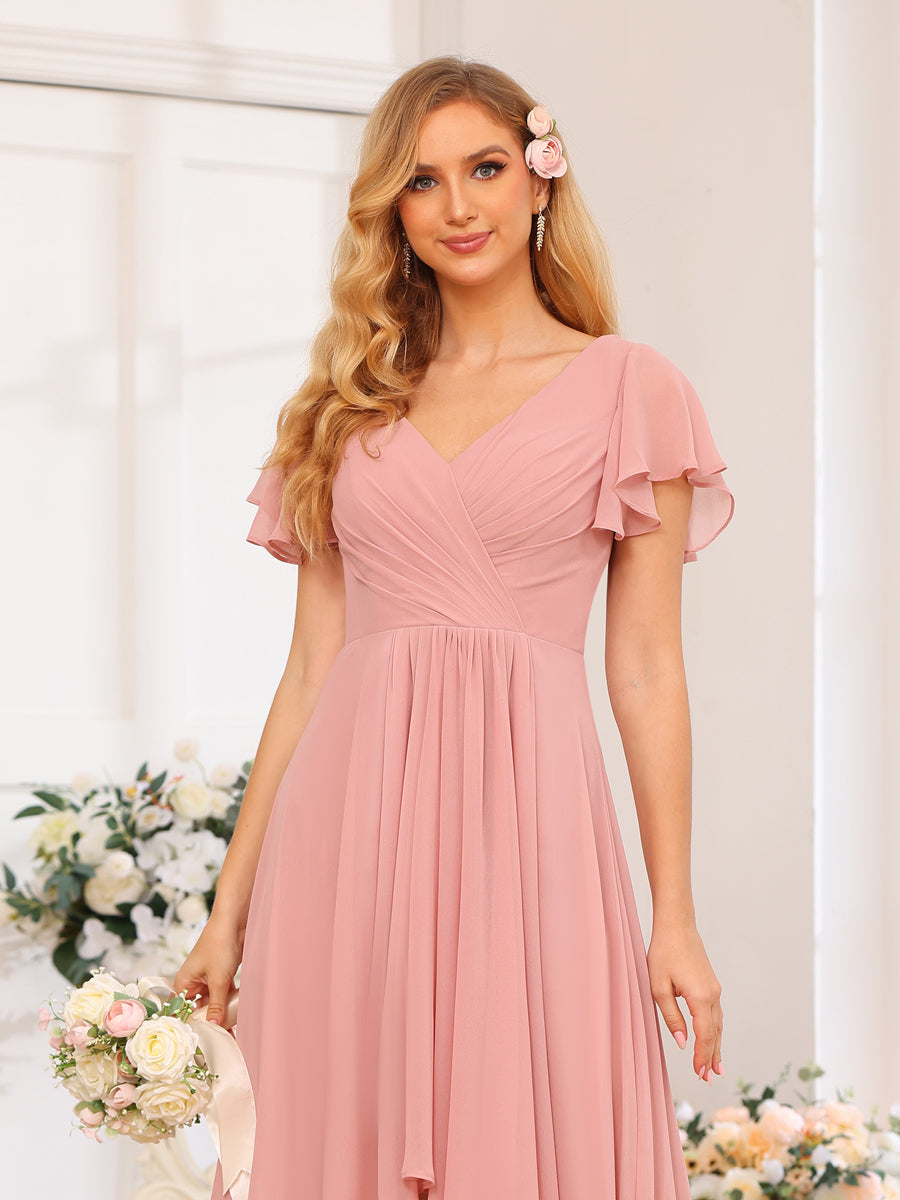 A-Line/Princess V-Neck Long Wedding Party Dresses with Ruffles