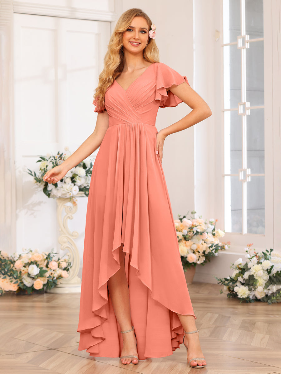 A-Line/Princess V-Neck Long Wedding Party Dresses with Ruffles