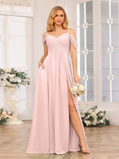 A-Line/Princess Spaghetti Straps Long Wedding Party Dresses with Split Side & Pockets