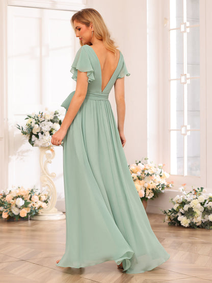 A-Line/Princess V-Neck Long Wedding Party Dresses with Split Side & Sash