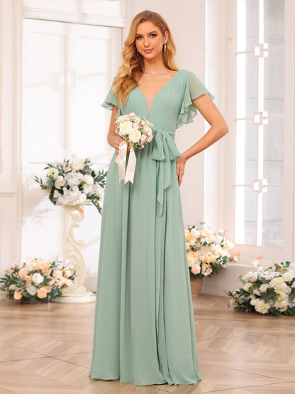 A-Line/Princess V-Neck Long Wedding Party Dresses with Split Side & Sash