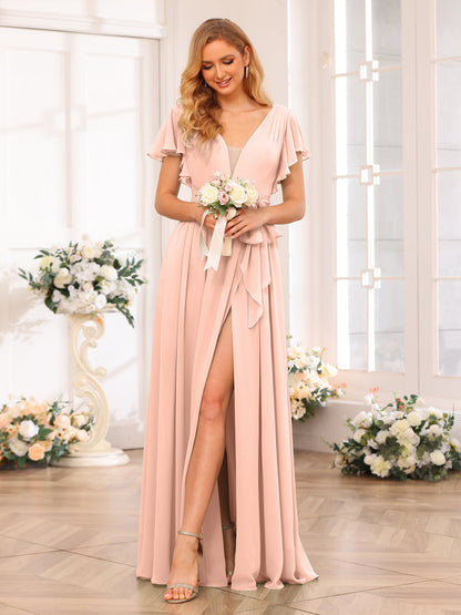 A-Line/Princess V-Neck Long Wedding Party Dresses with Split Side & Sash