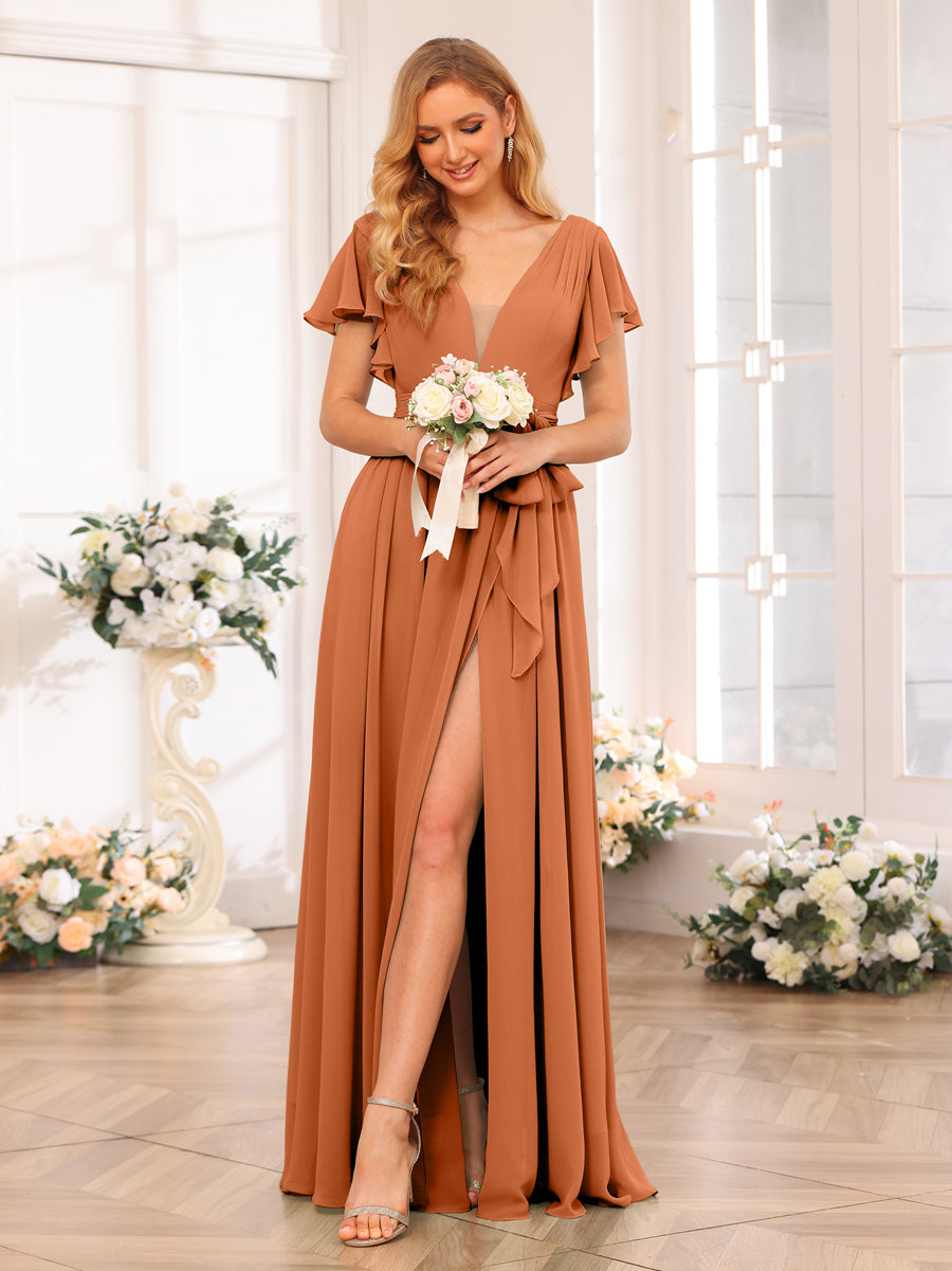 A-Line/Princess V-Neck Long Wedding Party Dresses with Split Side & Sash