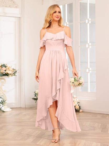 A-Line/Princess Spaghetti Straps Long Wedding Party Dresses with Ruffles