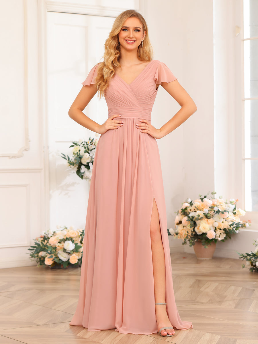 A-Line/Princess V-Neck Long Wedding Party Dresses with Split Side & Pockets