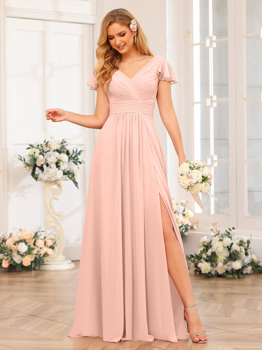 A-Line/Princess V-Neck Long Wedding Party Dresses with Split Side & Pockets