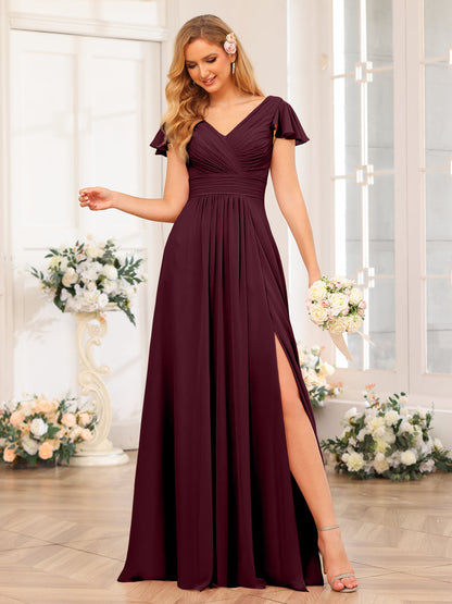 A-Line/Princess V-Neck Long Wedding Party Dresses with Split Side & Pockets