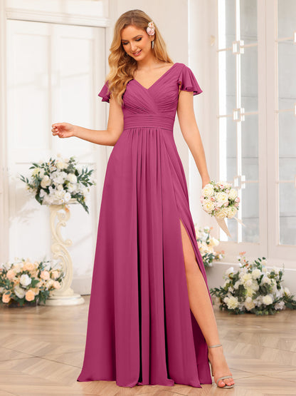 A-Line/Princess V-Neck Long Wedding Party Dresses with Split Side & Pockets