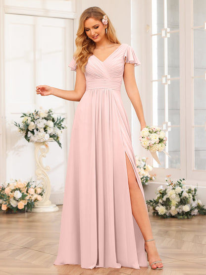 A-Line/Princess V-Neck Long Wedding Party Dresses with Split Side & Pockets